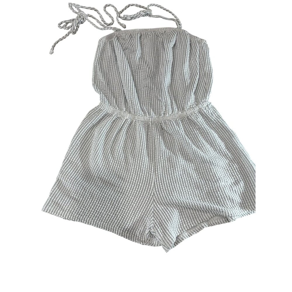 Striped Gray & White Sleeveless Romper With Adjustable Tie Straps Green Envelope